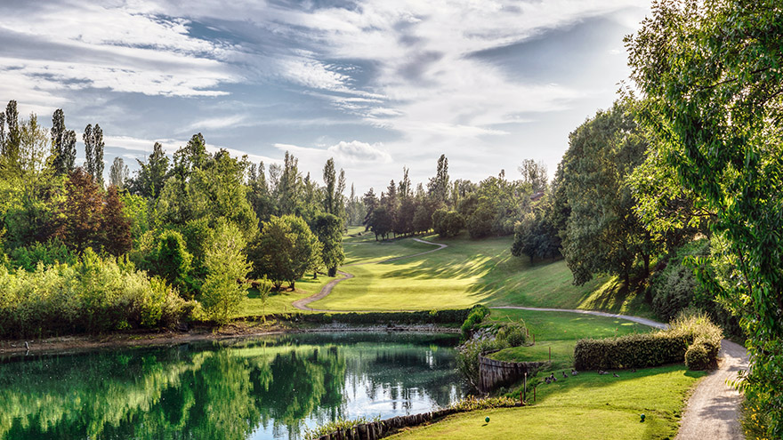 Woodland setting with blue skies and calming water feature