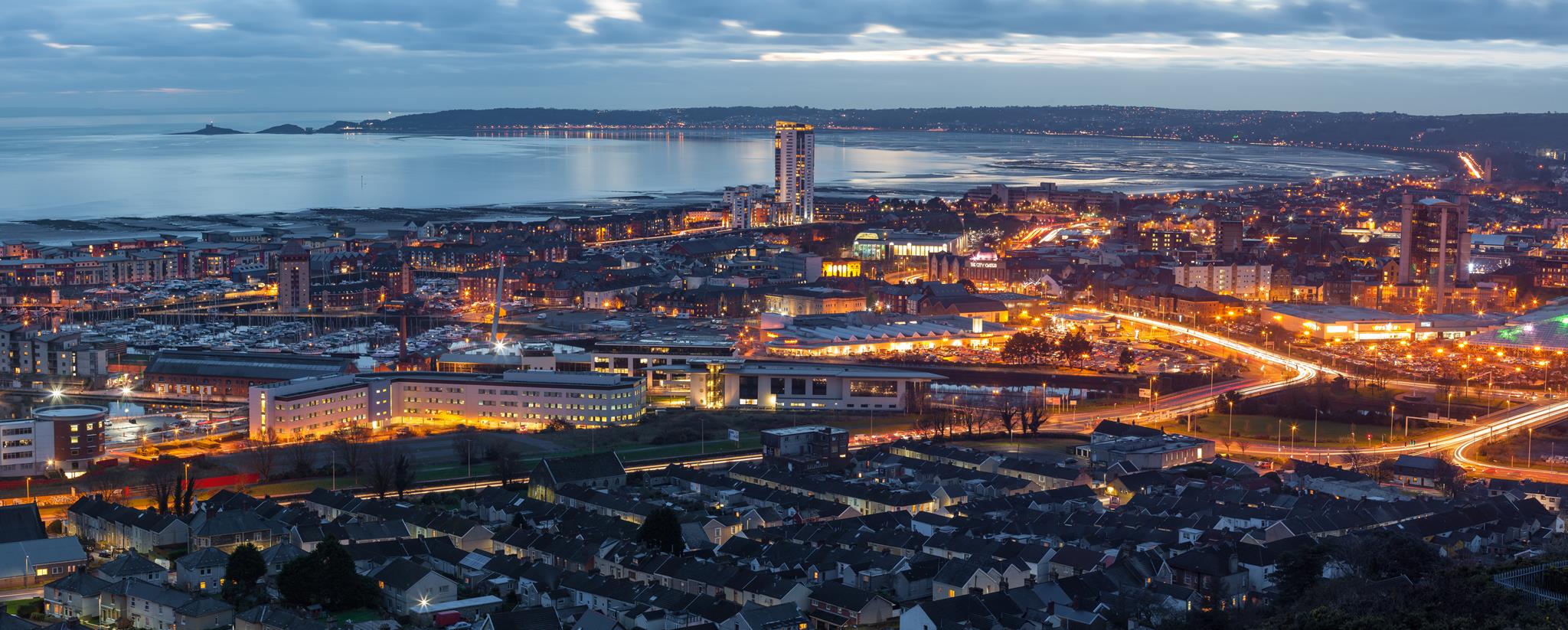 Evening view of Swansea centre and Bay
