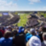 Packed crowds watch players tee off at the 2018 Ryder Cup, Paris, France.