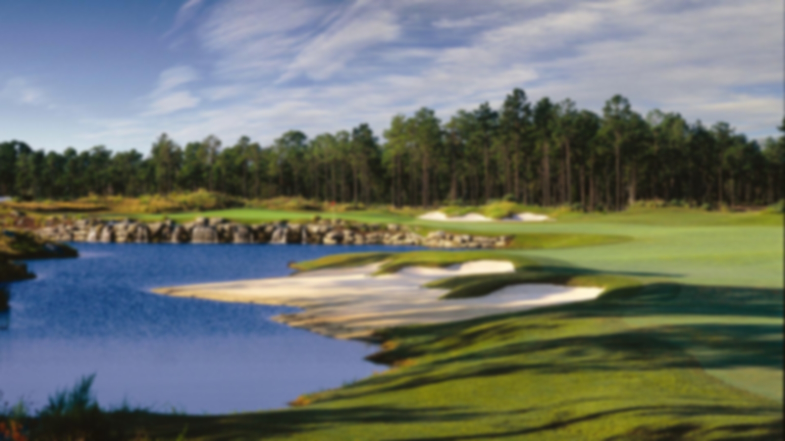 Tree-lined background with bunkers and a water hazard on the left of the hole.