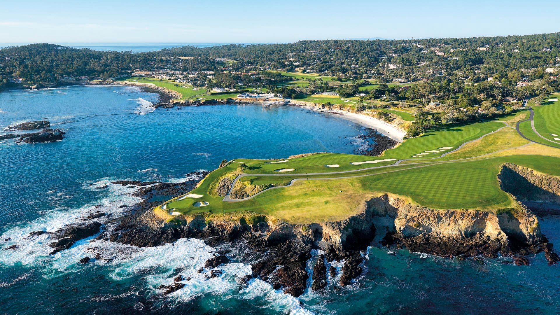 The stunning clifftop at Pebble Beach housing the 6th, 7th and 8th hole. Water surrounds the cliffs to further add to the challenge of this tight course.
