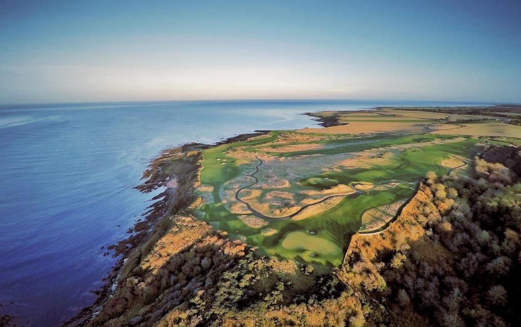 Aerial shot of the golf peninsular at Fairmont St Andrews