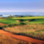 Orange sand with lush green fairways and greens, overlooking the sea.