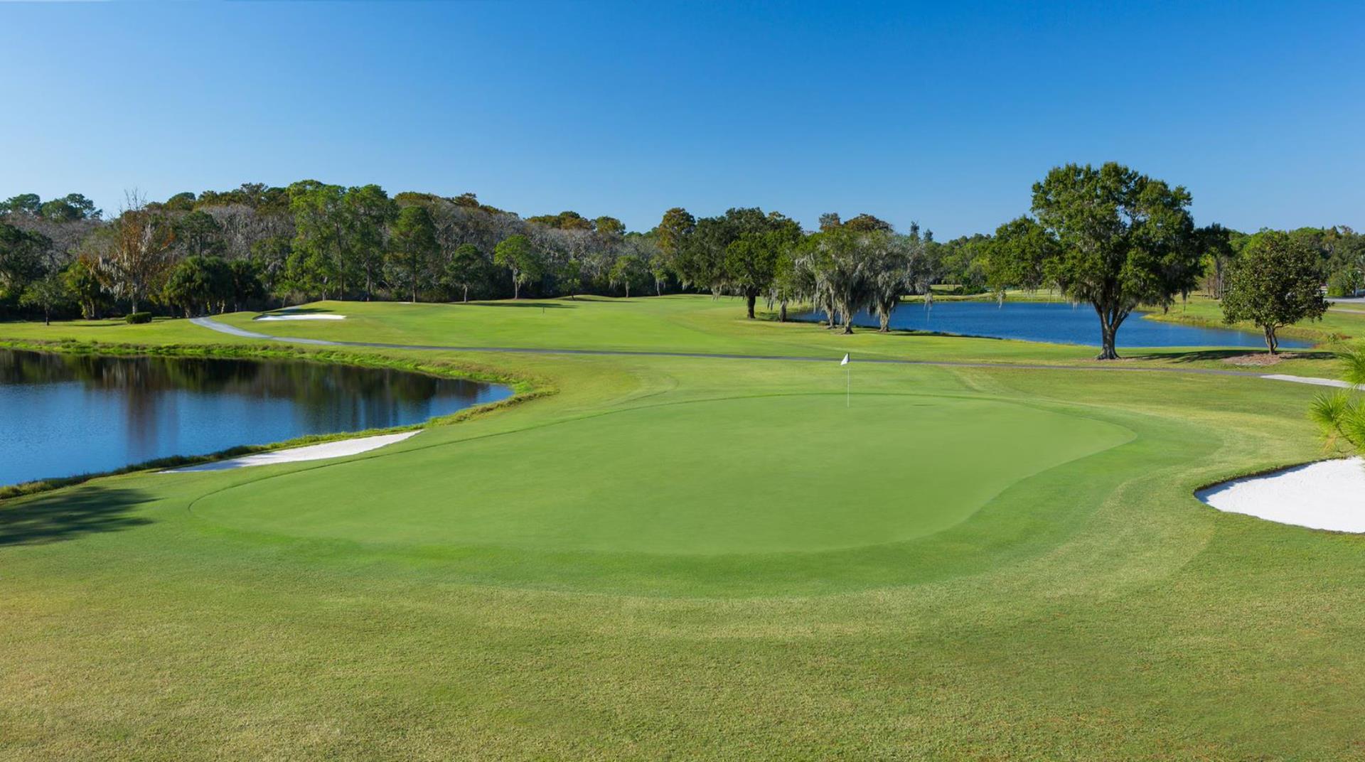 Perfectly kept green with water hazard on the side of the green 