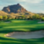 Large bunkers guard the stunning green fairway towards the green. Mountains act as the beautiful backdrop for this hole.