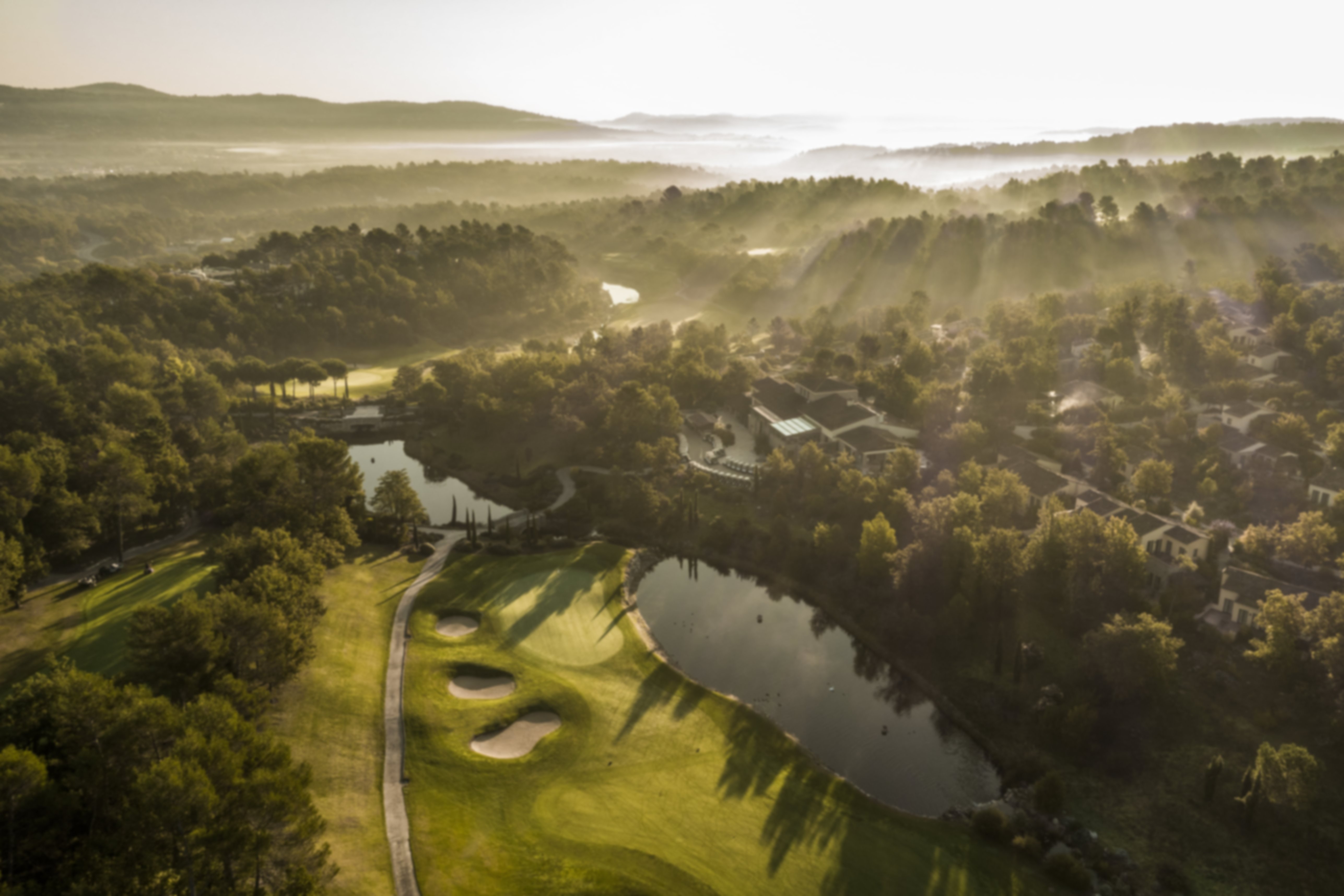 Terre Blanche golf course's water features in the morning sun