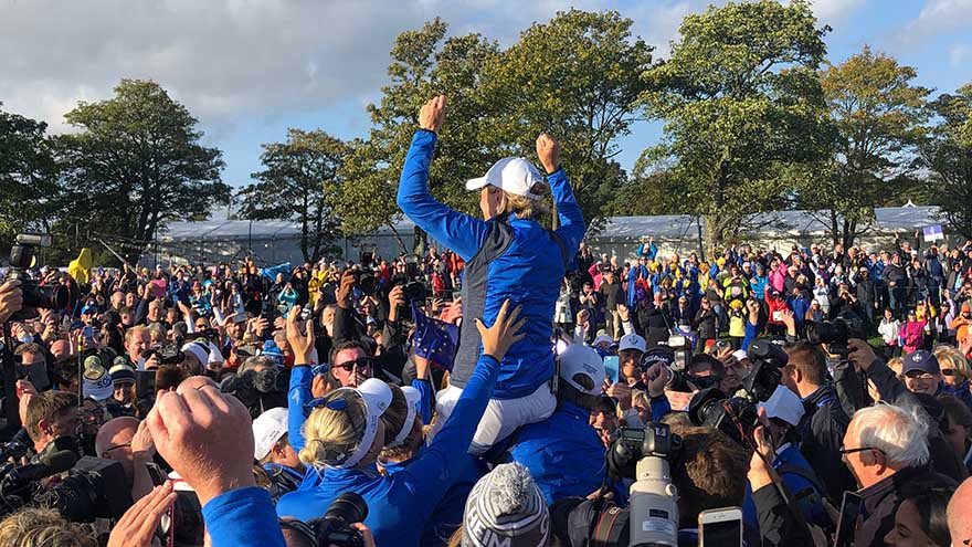 Victorious member of the 2019 European Solheim Cup team is carried on team mates shoulders