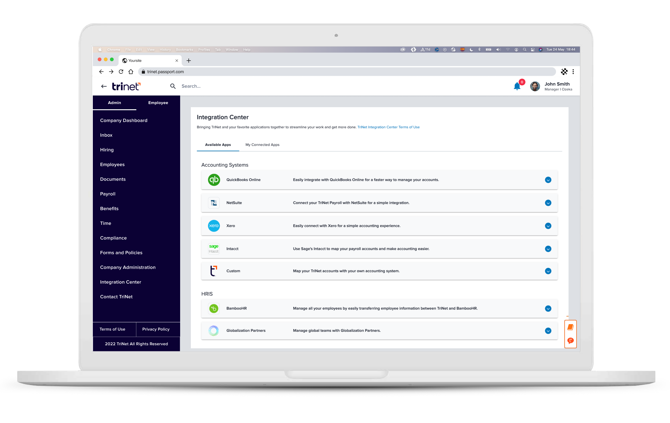 TriNet’s Integration Center dashboard