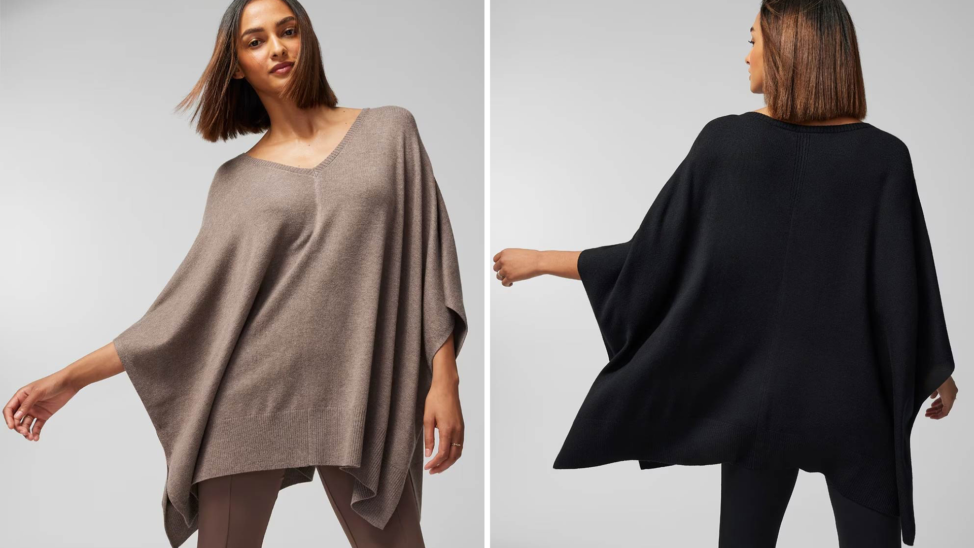 (Left) Soma<sup class=st-superscript>®</sup> women’s model wearing a brown sweater poncho and brown pants. (Right) Soma<sup class=st-superscript>®</sup> womens’ model showing the back of a black sweater poncho and black pants.