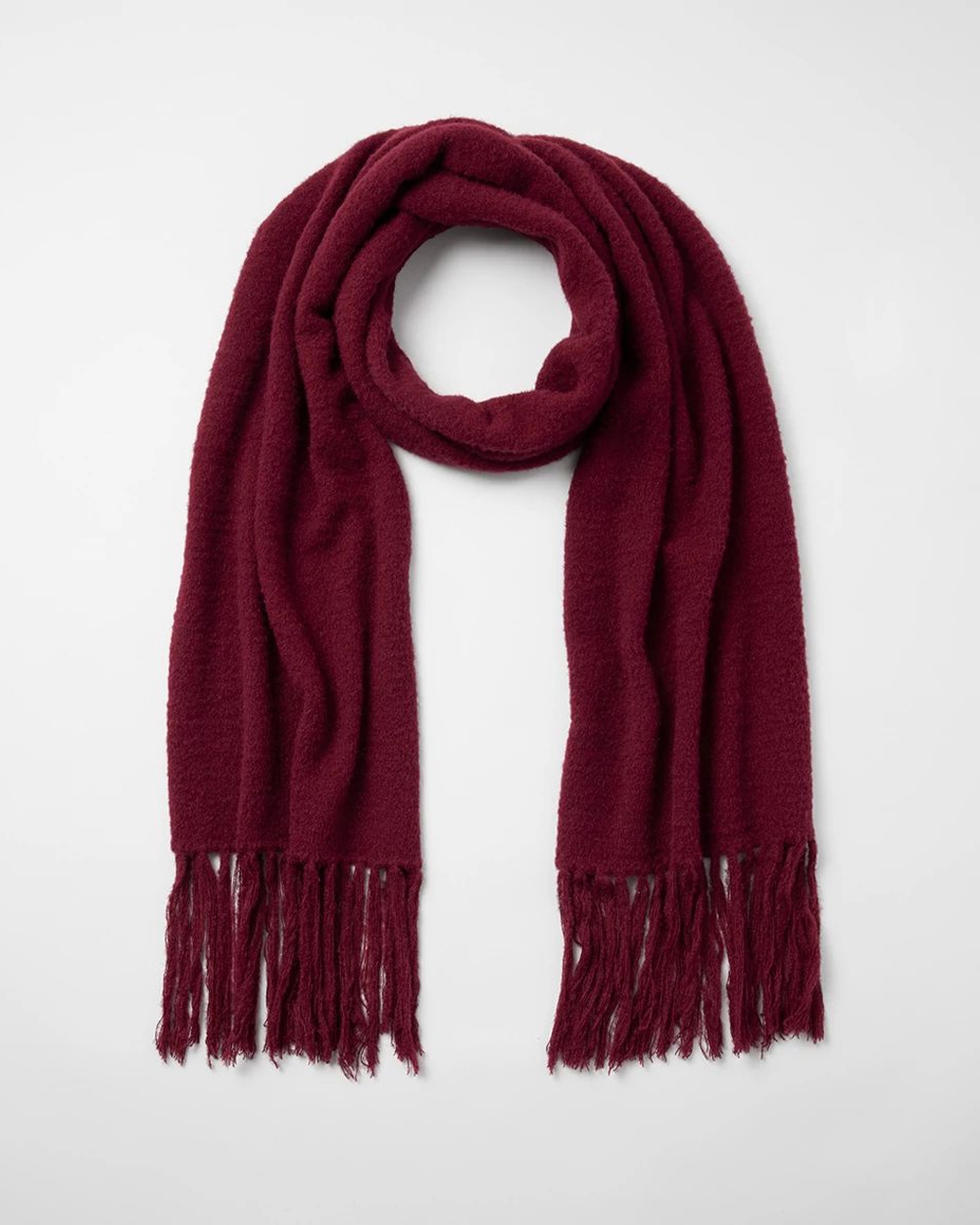 Soma<sup class=st-superscript>®</sup> laydown of burgundy tassel scarf.