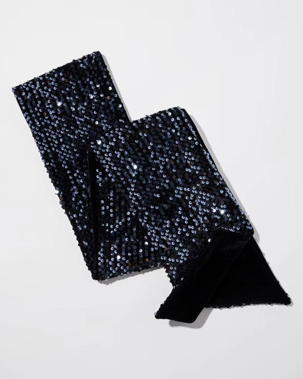 Chico’s laydown of back and silver velvet sequin skinny scarf.