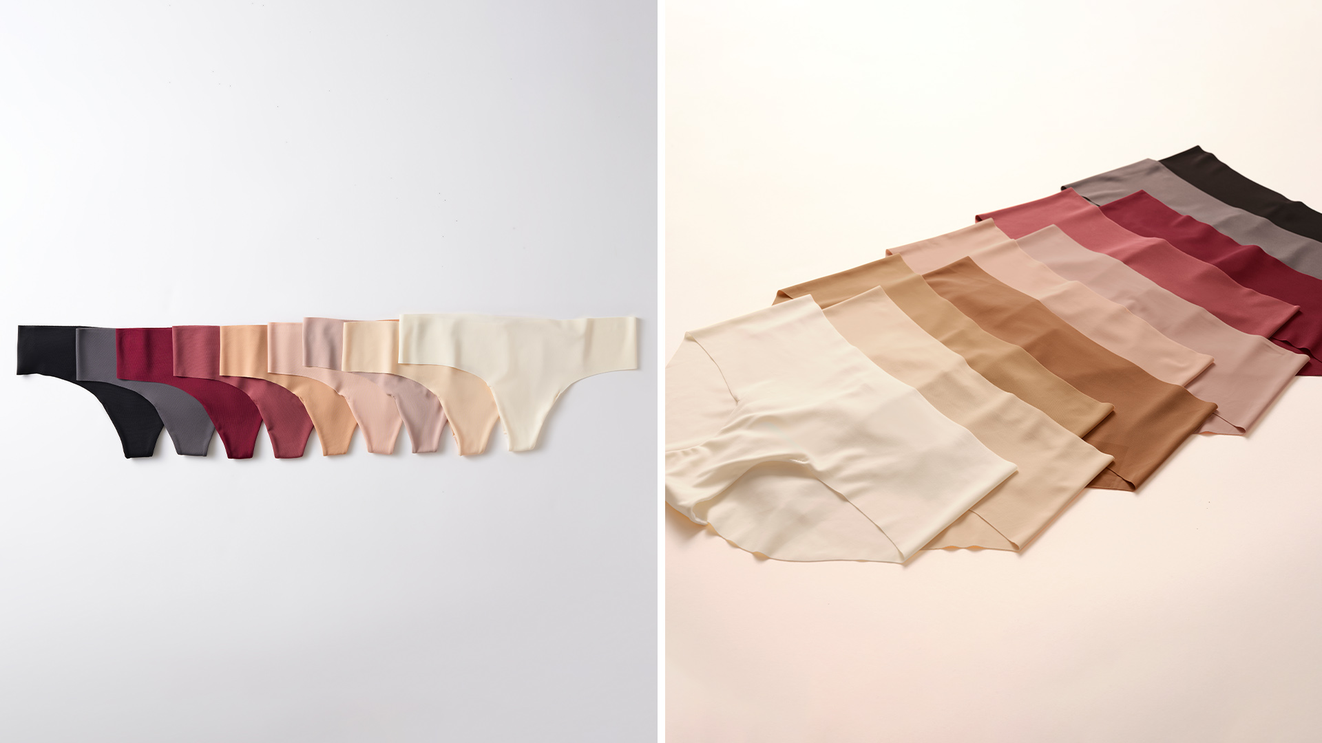 Soma<sup class=st-superscript>®</sup> laydown grid of seamless panties in thong, hipster, and brief silhouettes in a range of nude and neutral shades.