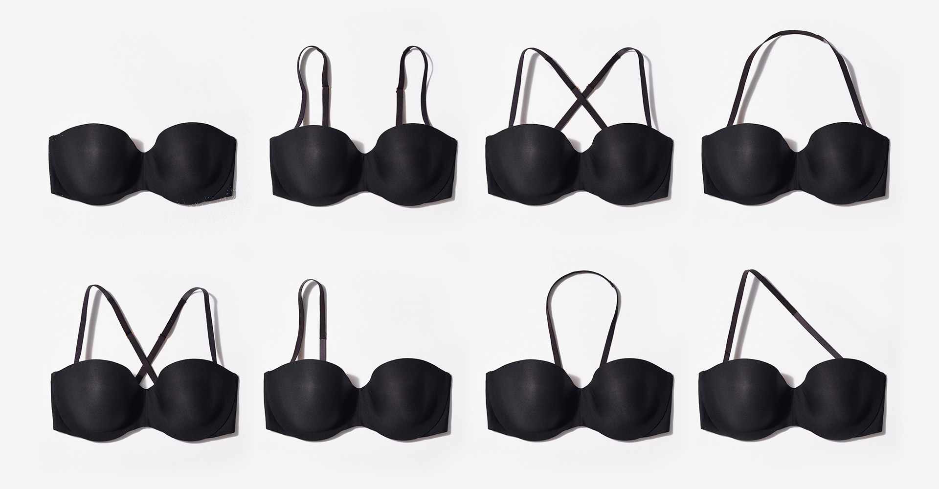 Soma<sup class=st-superscript>®</sup> laydown of black multi-way bra showcasing eight diferent ways to wear it