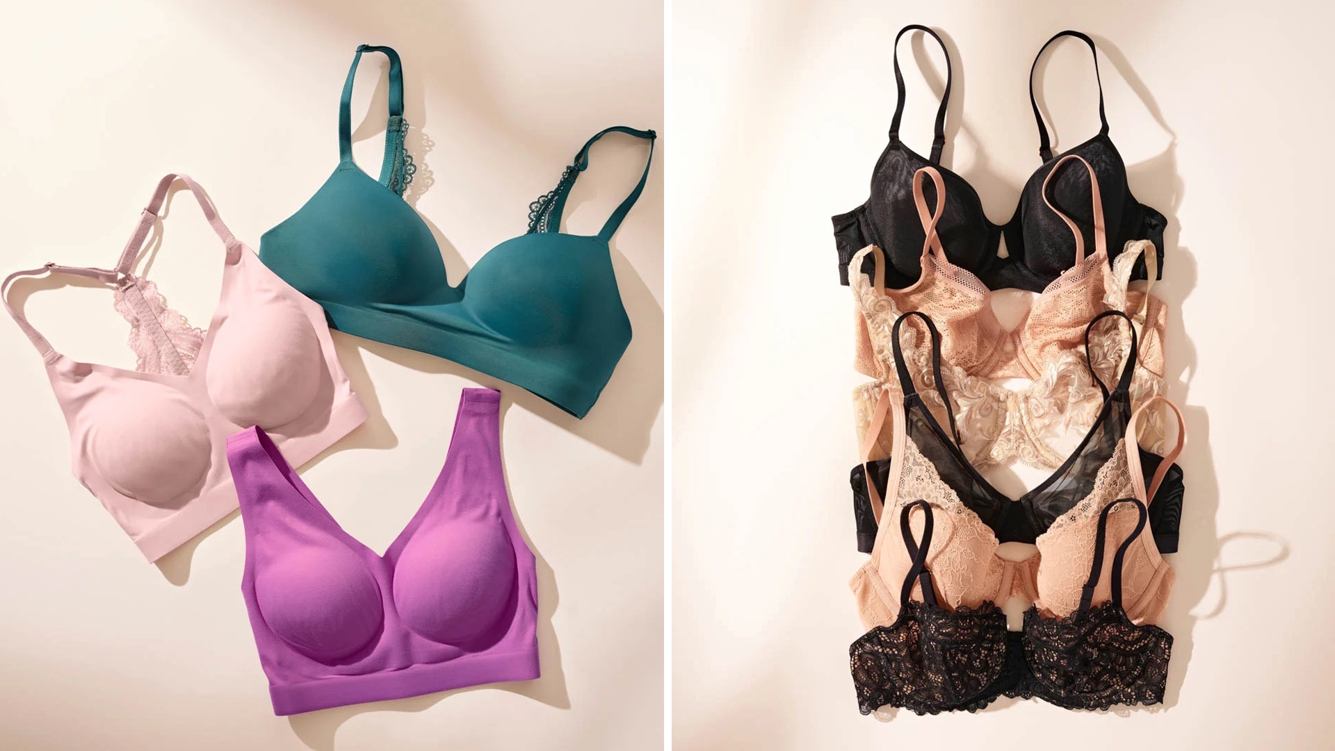 (Left) Soma<sup class=st-superscript>®</sup> laydown of pink, purple, and teal bralettes. (Right) Soma<sup class=st-superscript>®</sup> laydown of black and nude bras.
