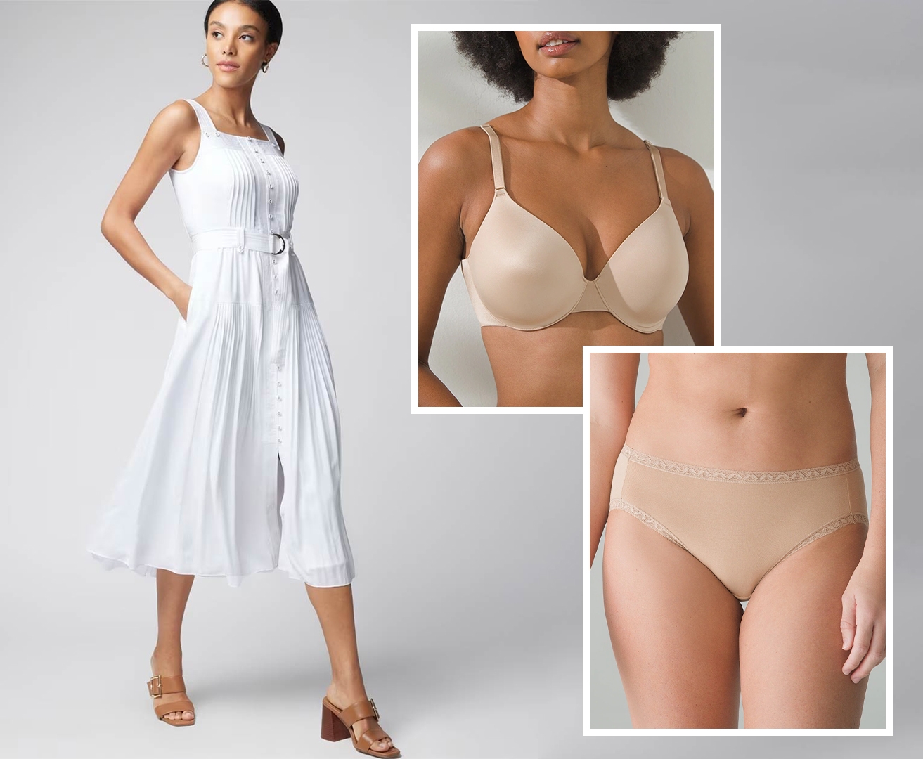 WHBM<sup class=st-superscript>®</sup> women’s model wearing a white wedding guest dress and brown heels. Featuring Soma<sup class=st-superscript>®</sup> nude bra and panties.