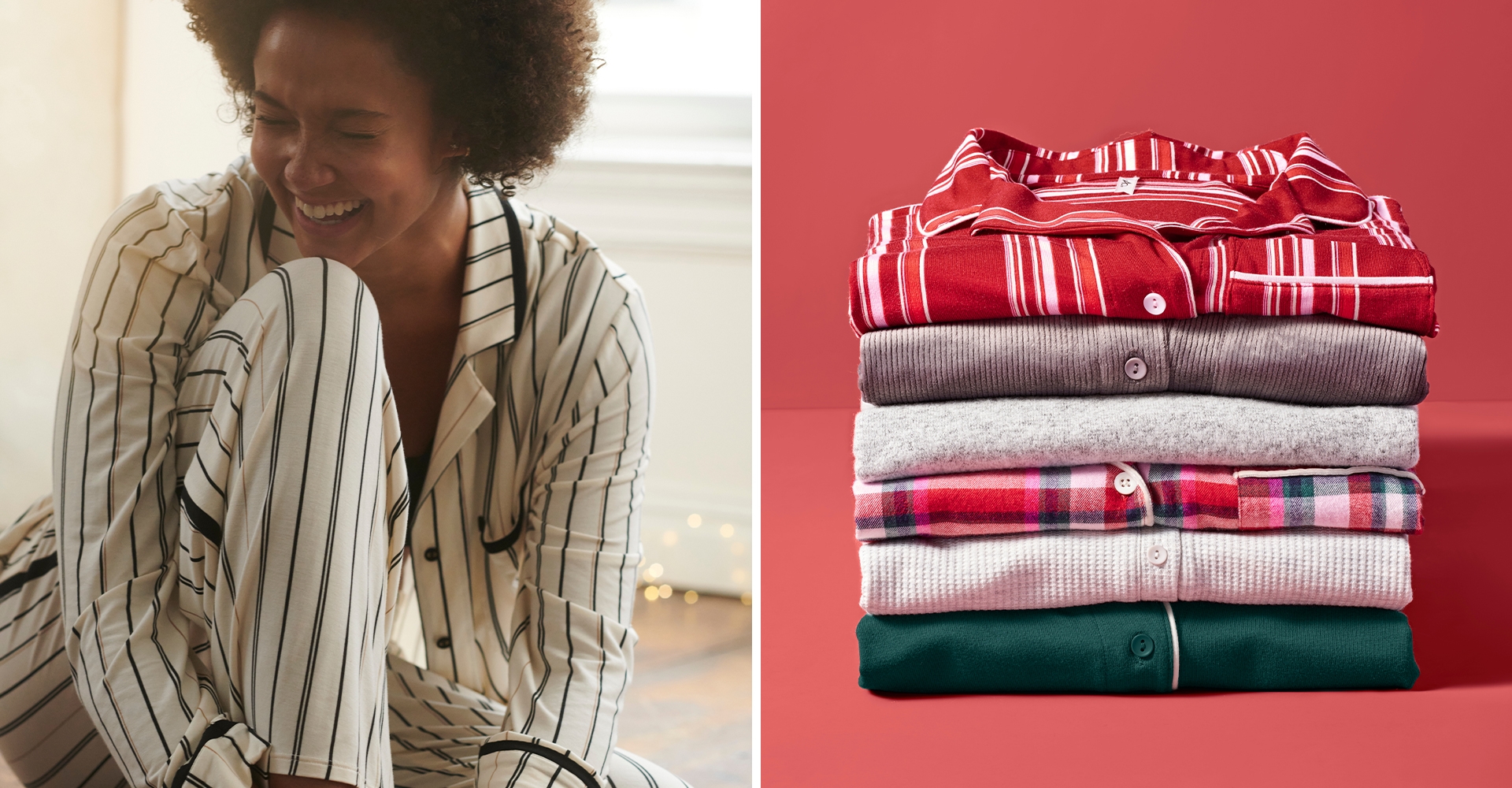  (Left) Soma<sup class=st-superscript>®</sup> model wearing black and white striped classic pajamas. (Right) Stack of pajama tops in a variety of colors, prints, and solids.