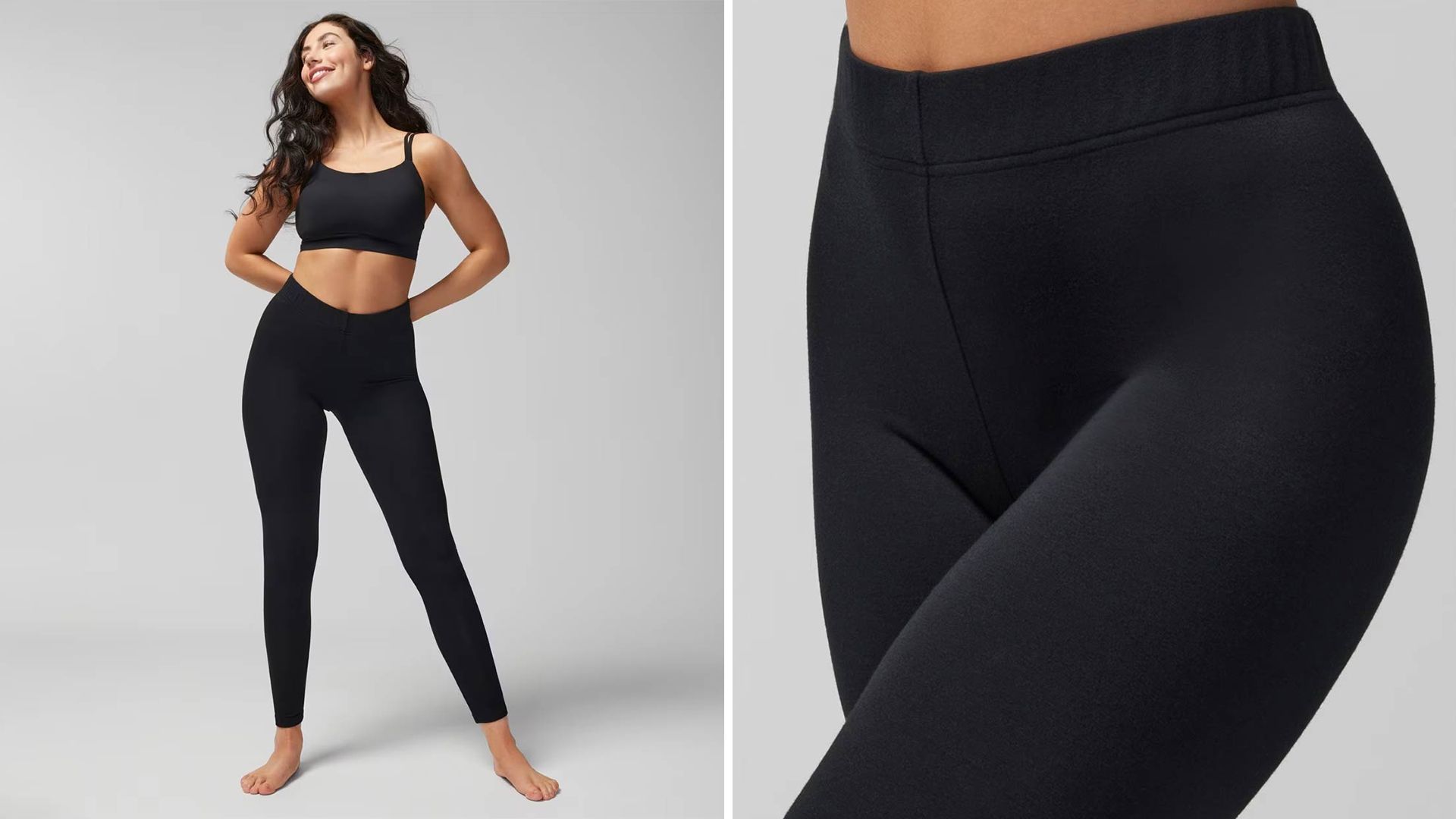 (Left) Soma<sup class=st-superscript>®</sup> women’s model wearing a blank sports bra and black leggings. (Right) A close-up shot of black leggings.