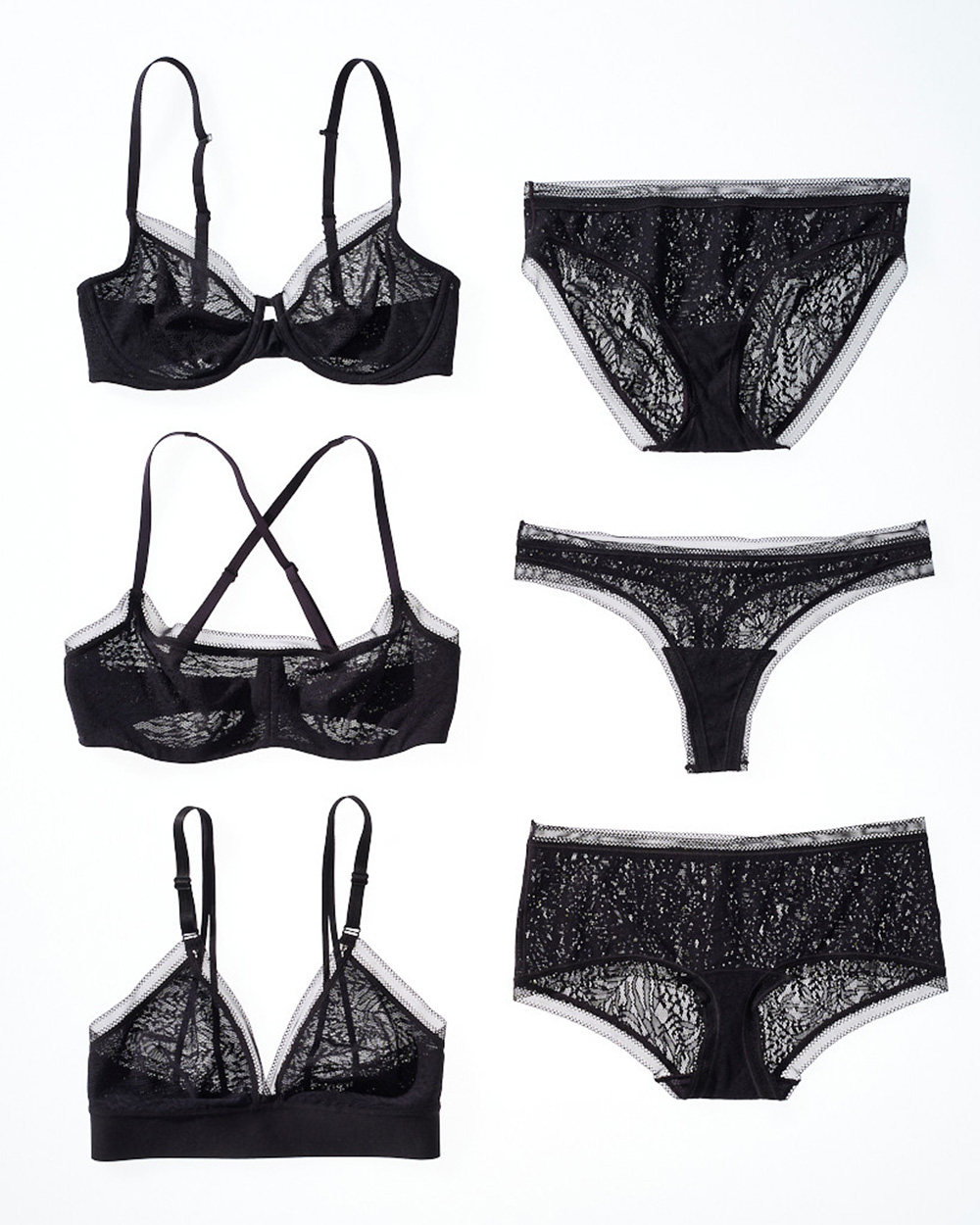 Soma<sup class=st-superscript>®</sup> laydown of black unlined bras and panties.