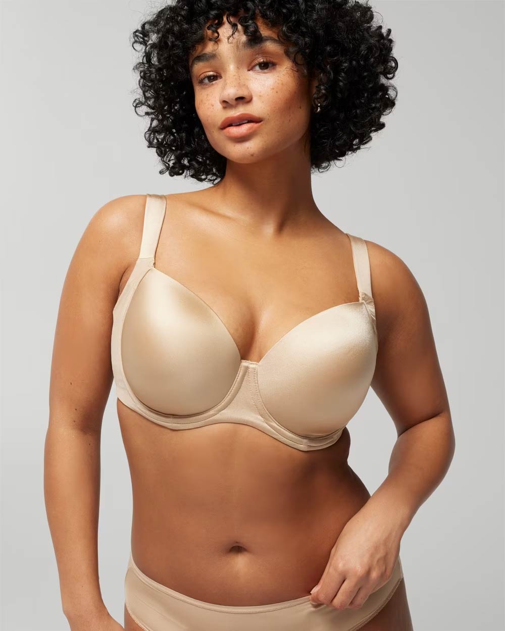 Soma<sup class=st-superscript>®</sup> women’s model wearing a nude full coverage bra and panties.