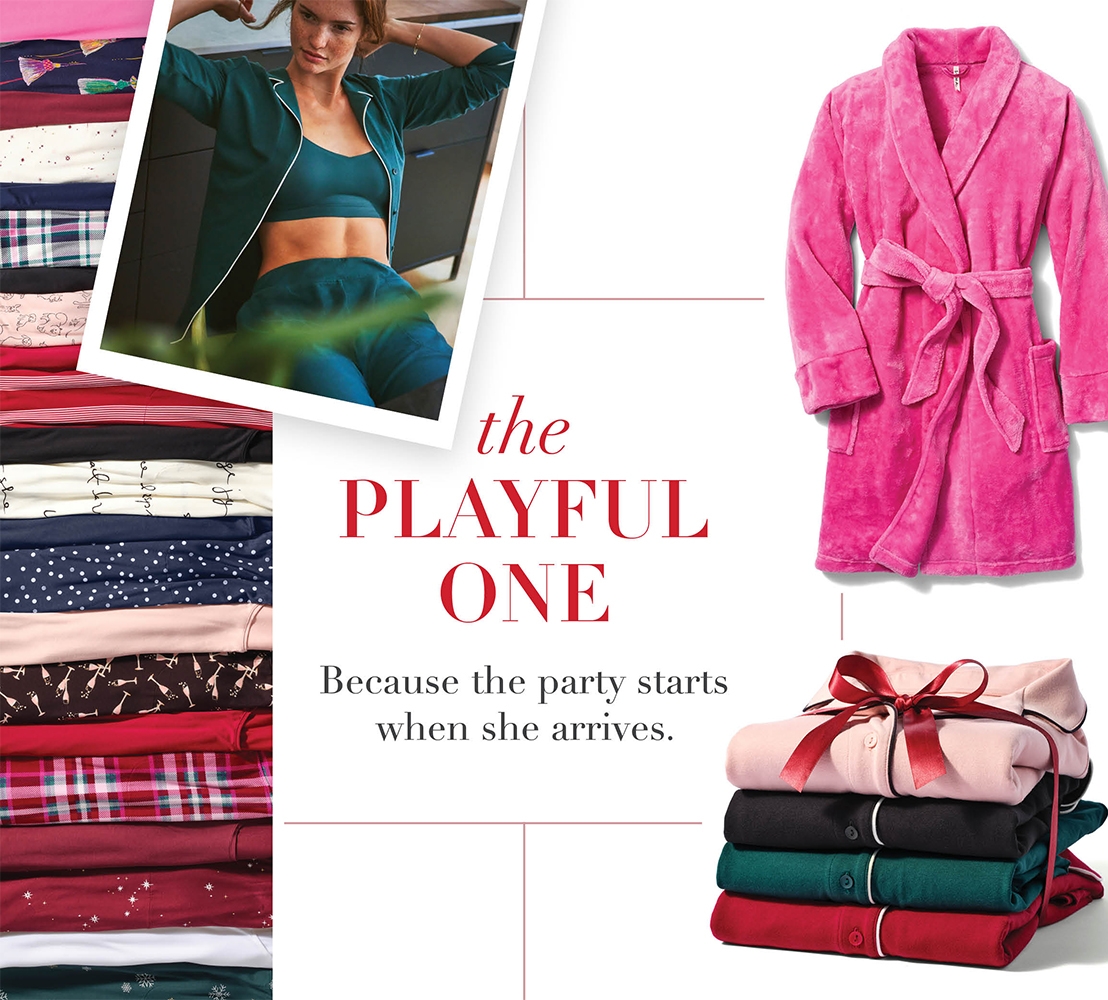 Gift guide collage featuring model wearing dark green matching pajamas, laydown of pink robe, and stacked pajamas.