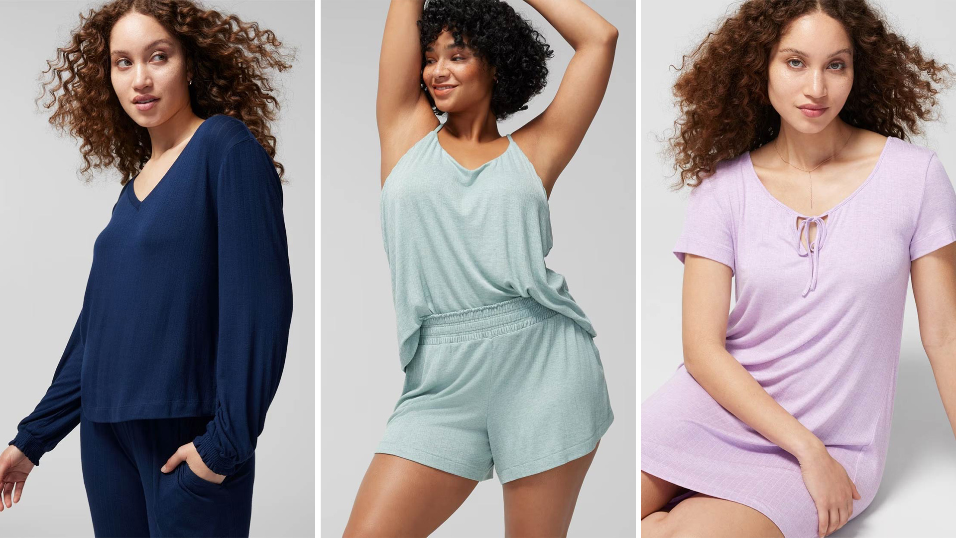 Soma<sup class=st-superscript>®</sup> women’s models wearing pointelle pajamas featuring a navy long-sleeve top, light green matching cami and shorts, and light purple sleepshirt. 