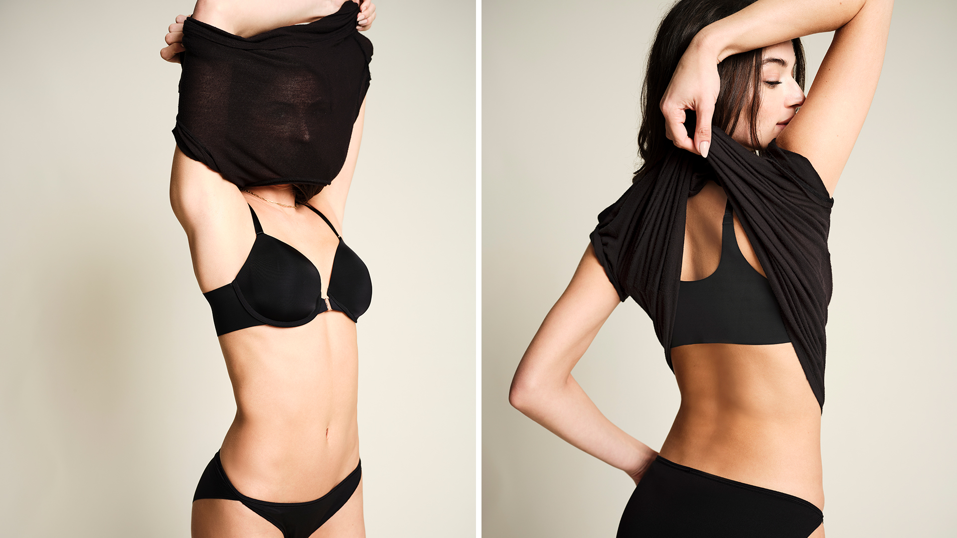 Soma<sup class=st-superscript>®</sup> women’s model wearing a black T-shirt, black T-shirt bra, and bikini style panties.