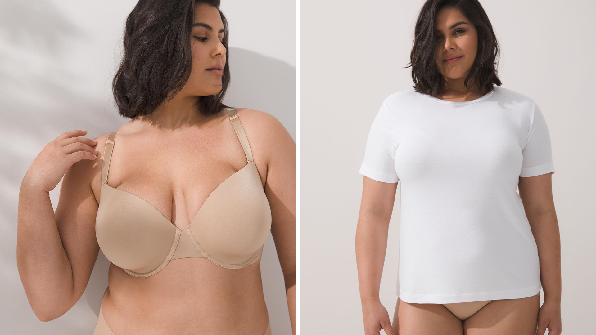 (left) Soma<sup class=st-superscript>®</sup> women’s model wearing a nude T-shirt bra and panties. (right) Soma<sup class=st-superscript>®</sup> women’s model wearing nude panties and a white T-shirt.
