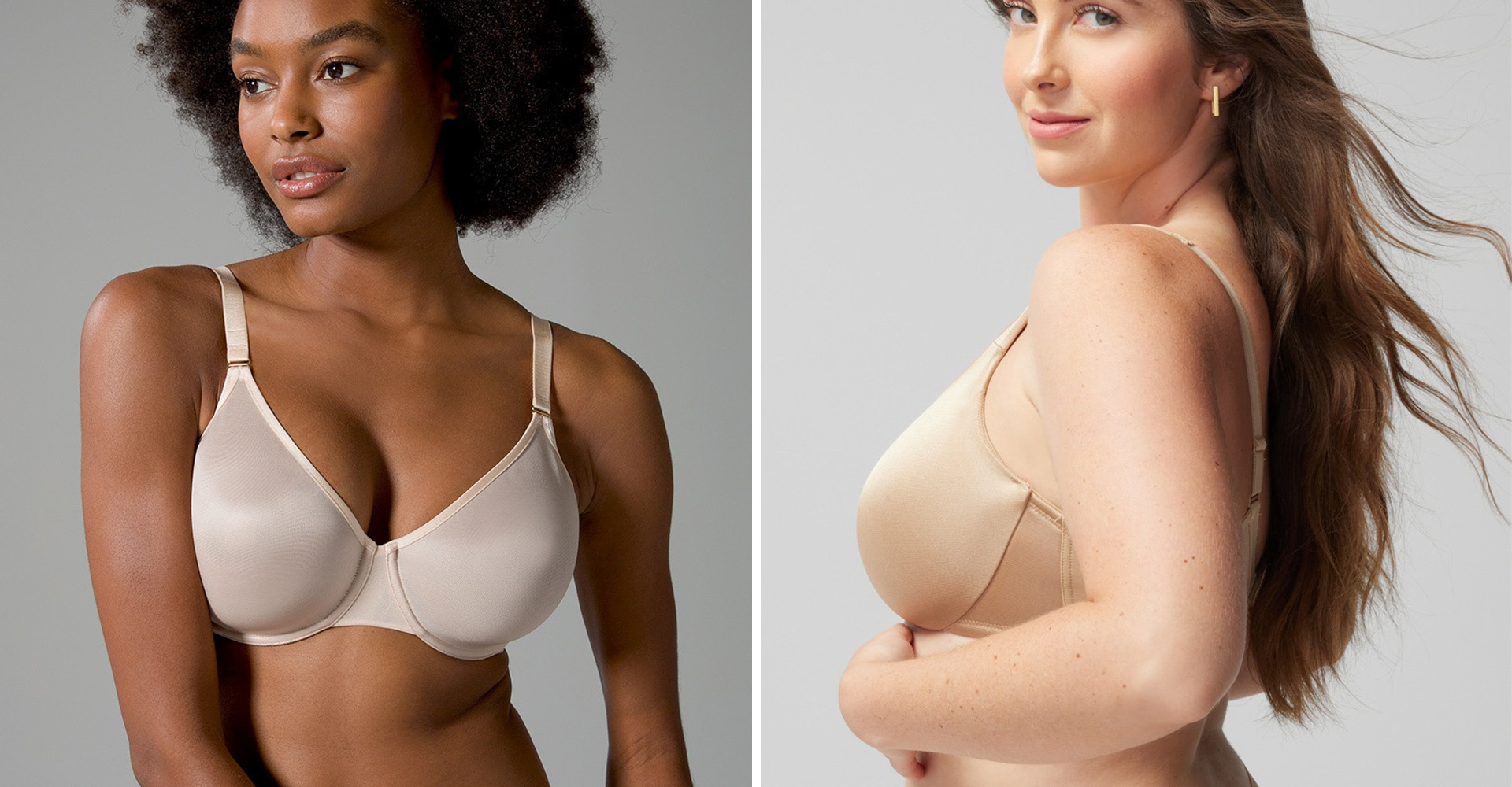 Soma<sup class=st-superscript>®</sup> model wearing a light beige minimizer bra. Side view of model wearing nude minimizer bra.