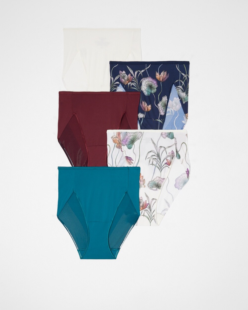 Soma<sup class=st-superscript>®</sup> laydown of white, navy floral, burgundy, white floral, and blue high-leg, high-waisted briefs.