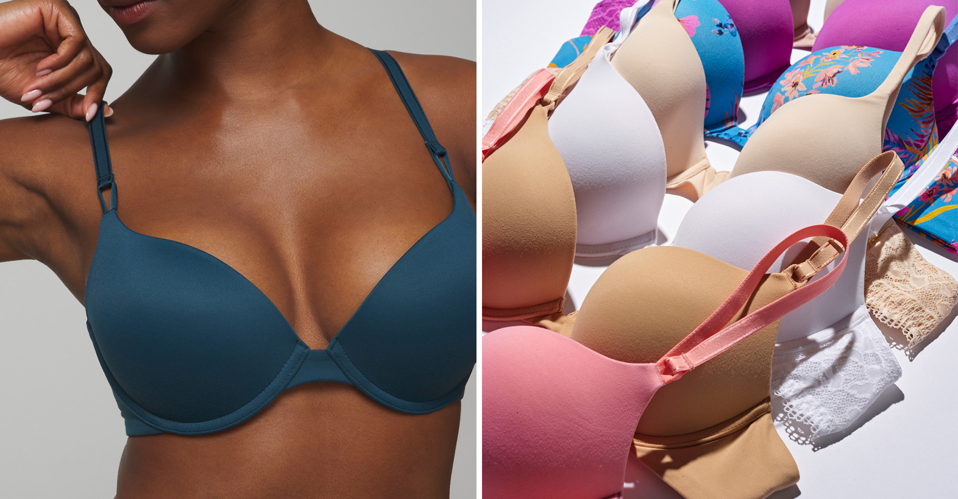 Soma<sup class=st-superscript>®</sup> model in dark blue push-up bra. Laydown of push-up bras in a variety of colors and prints.