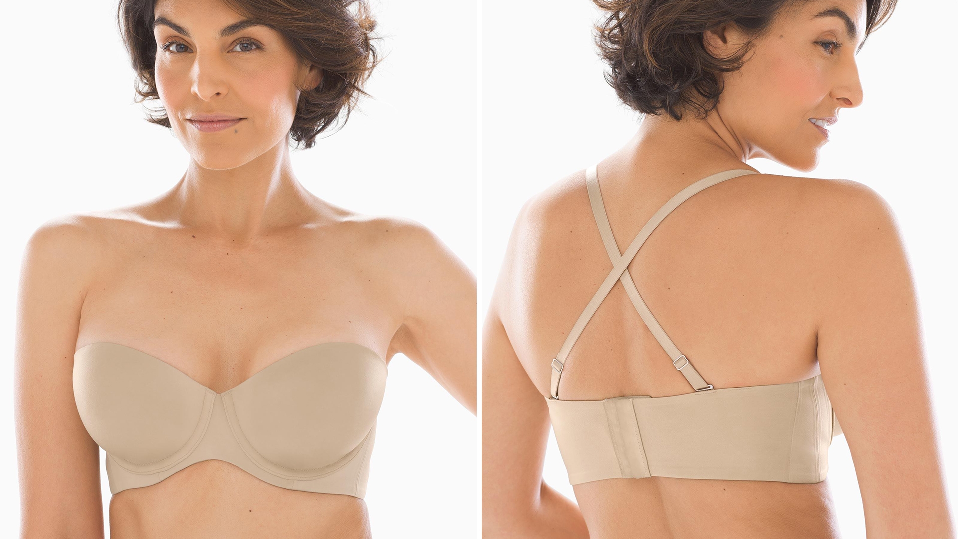 Soma<sup class=st-superscript>®</sup> women’s model wearing a nude strapless bra. 