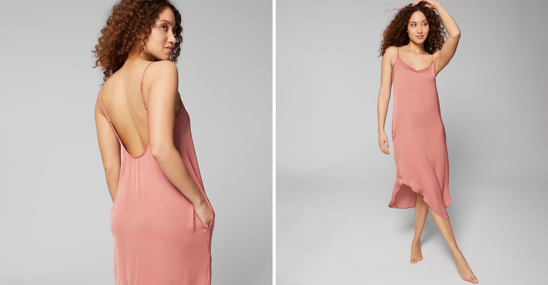 Front and back view of Soma<sup class=st-superscript>®</sup> model wearing a light pink low-back nightgown in a midi length.