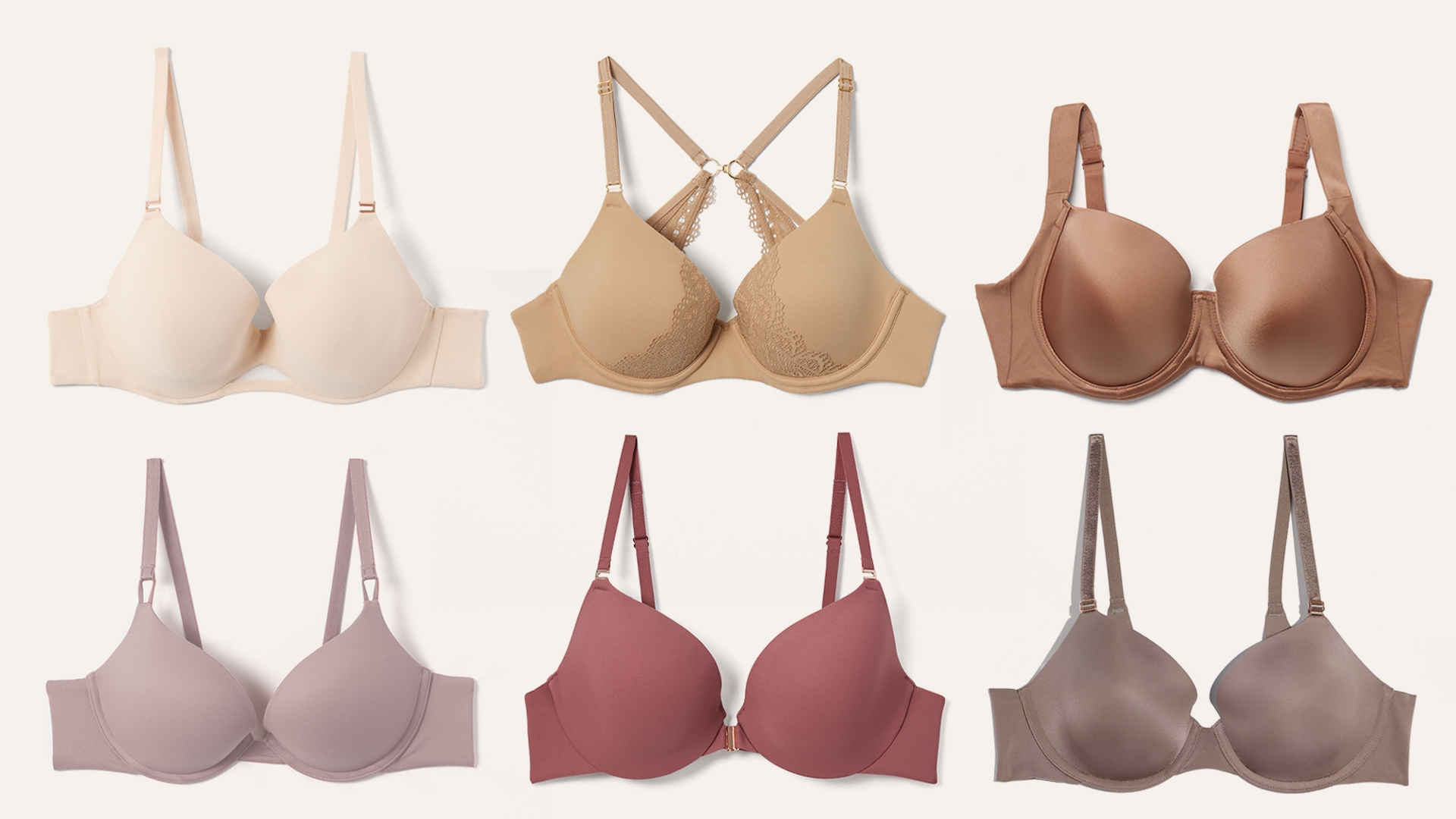  Soma<sup class=st-superscript>®</sup> laydown of nude bras in a variety of shades in cool, neutral, and warm undertones.
