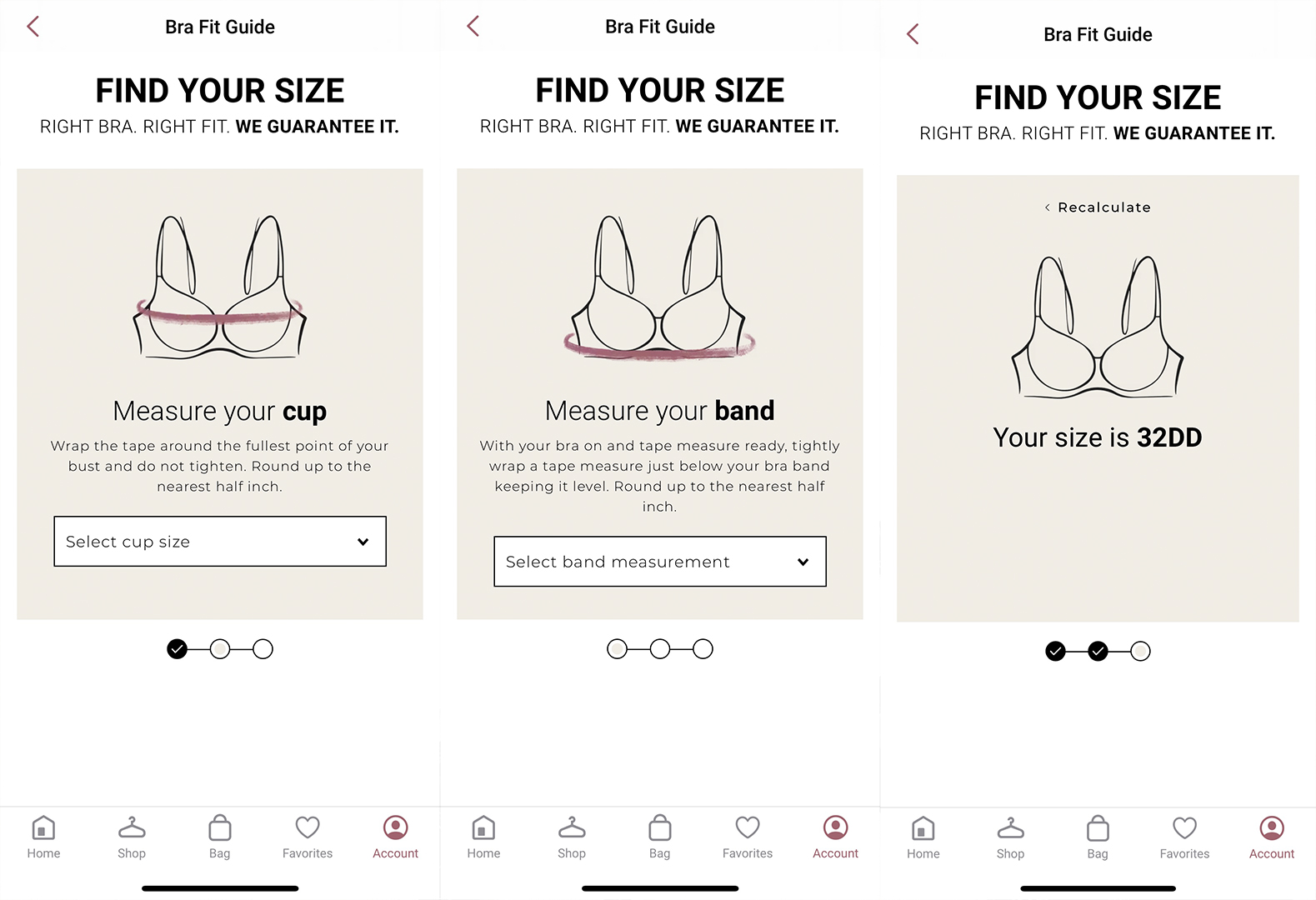 Soma<sup class=st-superscript>®</sup> application interface showing a step-by-step guide on how to find your bra size at home.