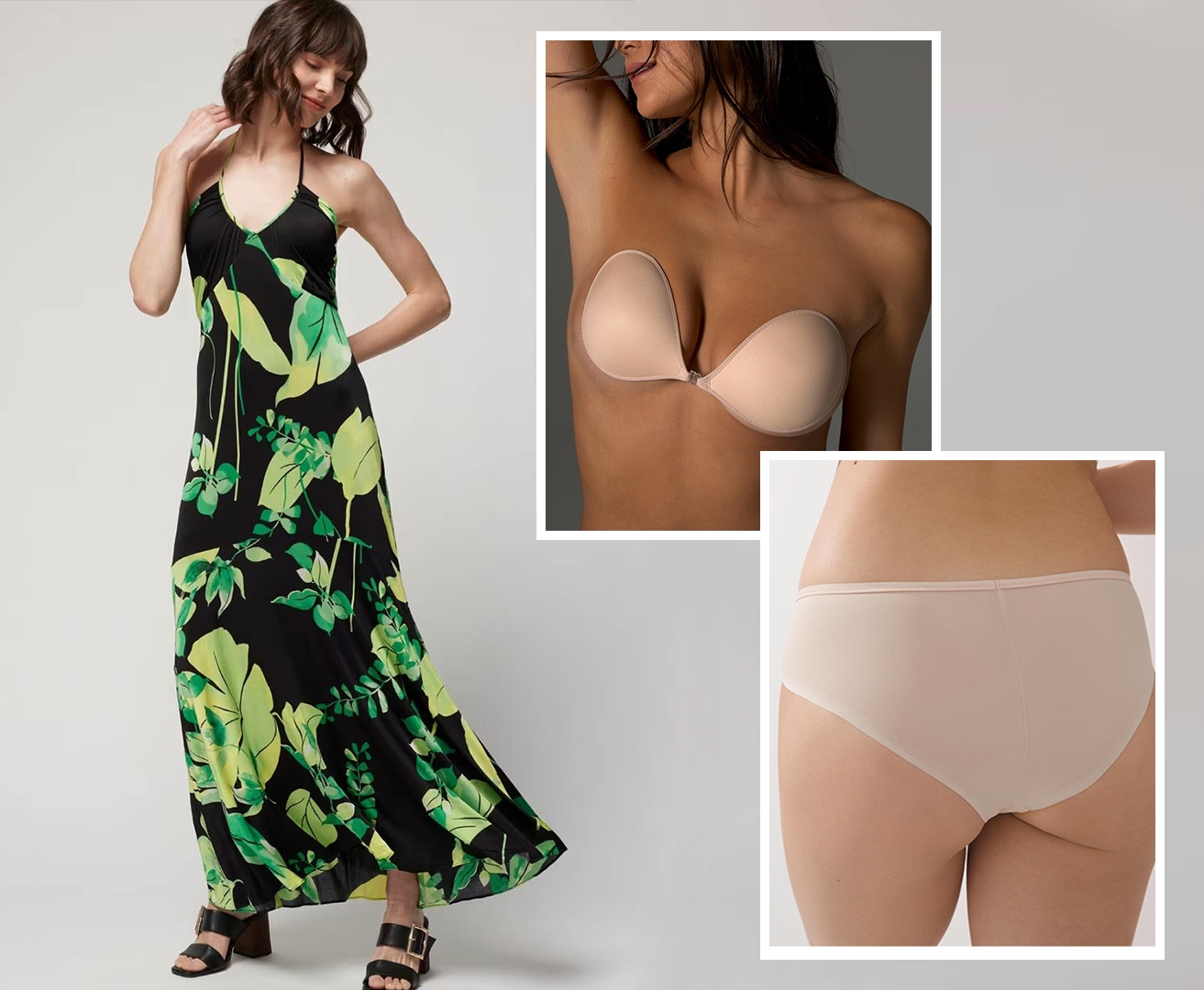 WHBM<sup class=st-superscript>®</sup> women’s model wearing a black tropical print maxi dress and black heels. Featuring Soma<sup class=st-superscript>®</sup> nude adhesive bra and panties.