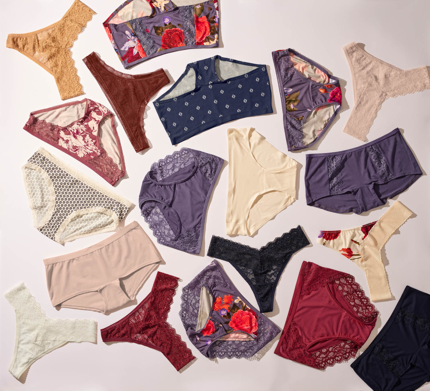 Soma<sup class=st-superscript>®</sup> laydown of a variety of panty silhouettes in neutrals and fall colors, florals, and solids.