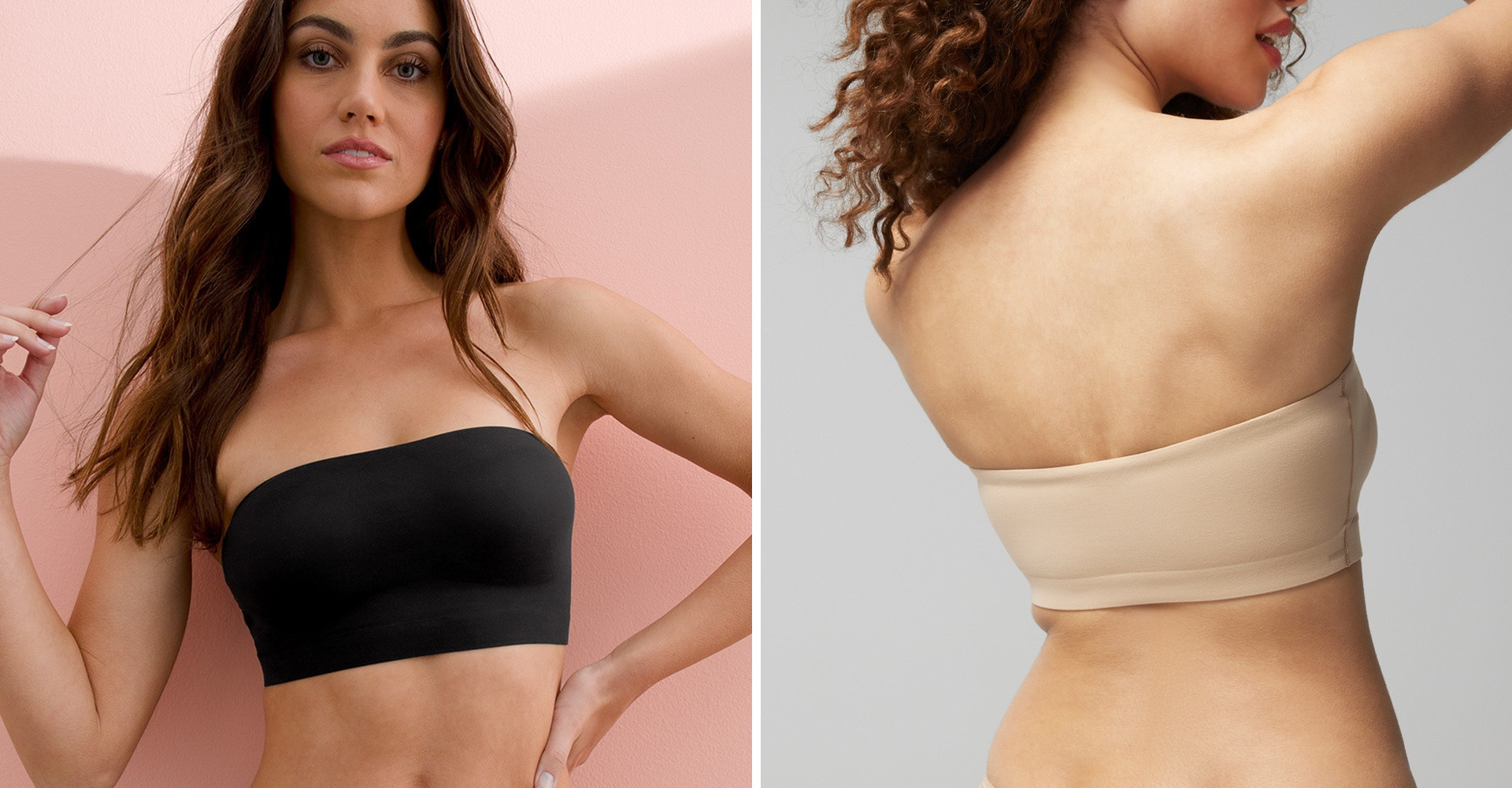 Soma<sup class=st-superscript>®</sup> model front view of black bandeau bra and back view of nude bandeau bra.