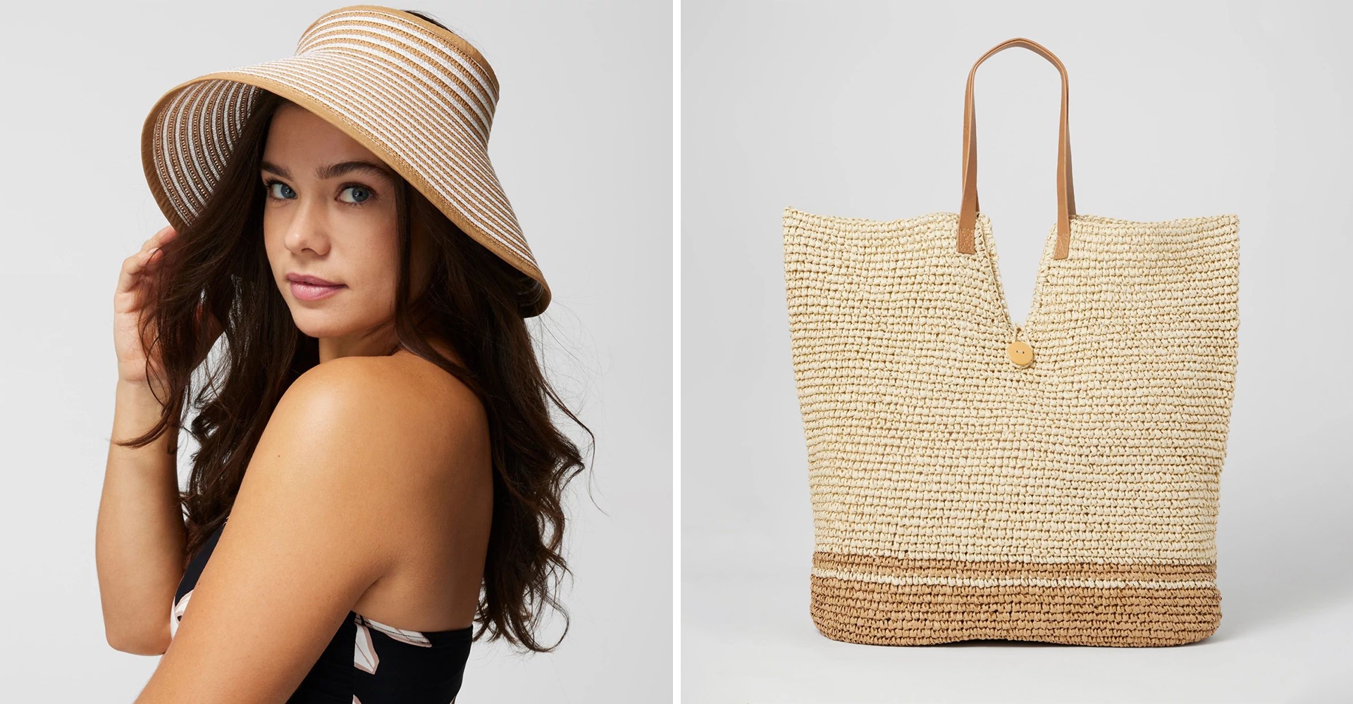 Soma<sup class=st-superscript>®</sup> model wearing woven sun visor and laydown of oversized woven beach bag.