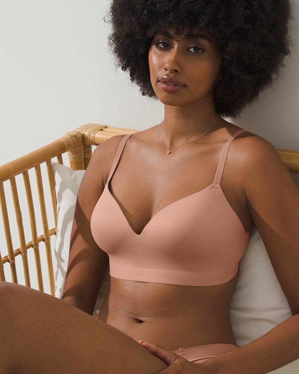 Soma<sup class=st-superscript>®</sup> women’s model wearing a skin-toned wireless bra.