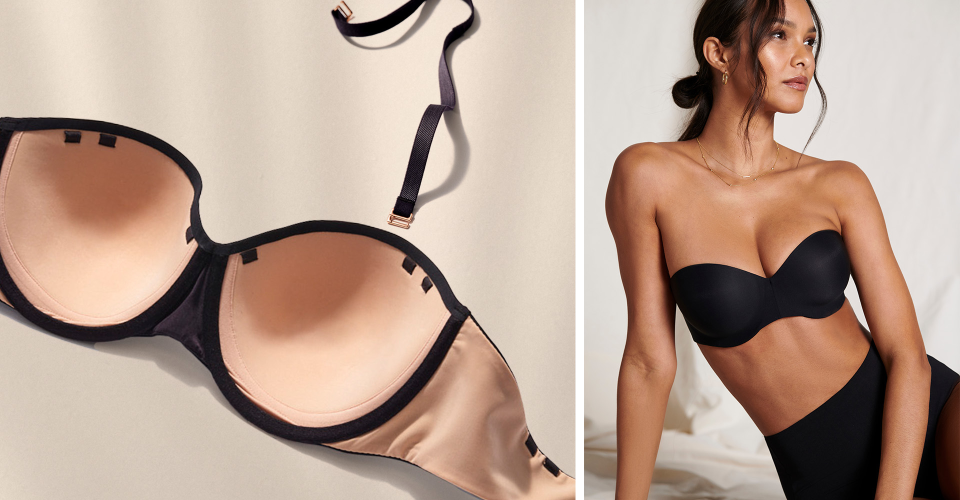 Soma<sup class=st-superscript>®</sup> laydown of inside view of a black multi-way strapless bra. Soma<sup class=st-superscript>®</sup> model wearing black strapless bra and black bottoms.