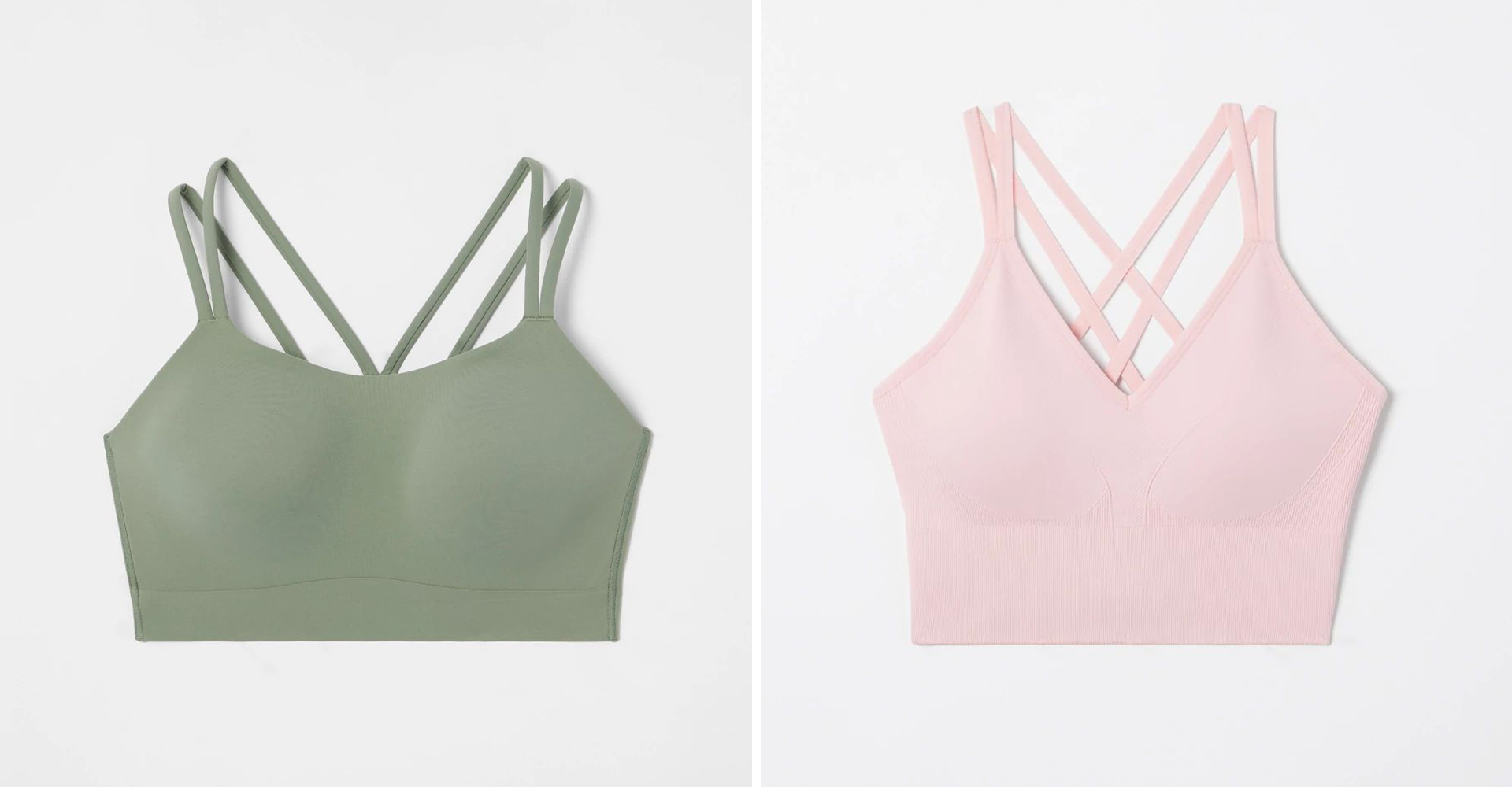 Soma<sup class=st-superscript>®</sup> laydown of light green sports bra and light pink longline sports bra.