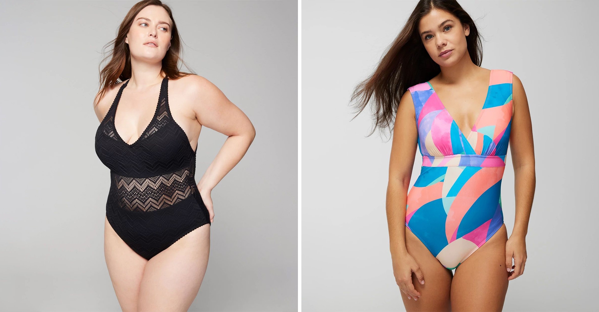 Soma<sup class=st-superscript>®</sup> model wearing black crochet one-piece swimsuit. Soma<sup class=st-superscript>®</sup> model wearing blue and pink geometric print one-piece swimsuit.
