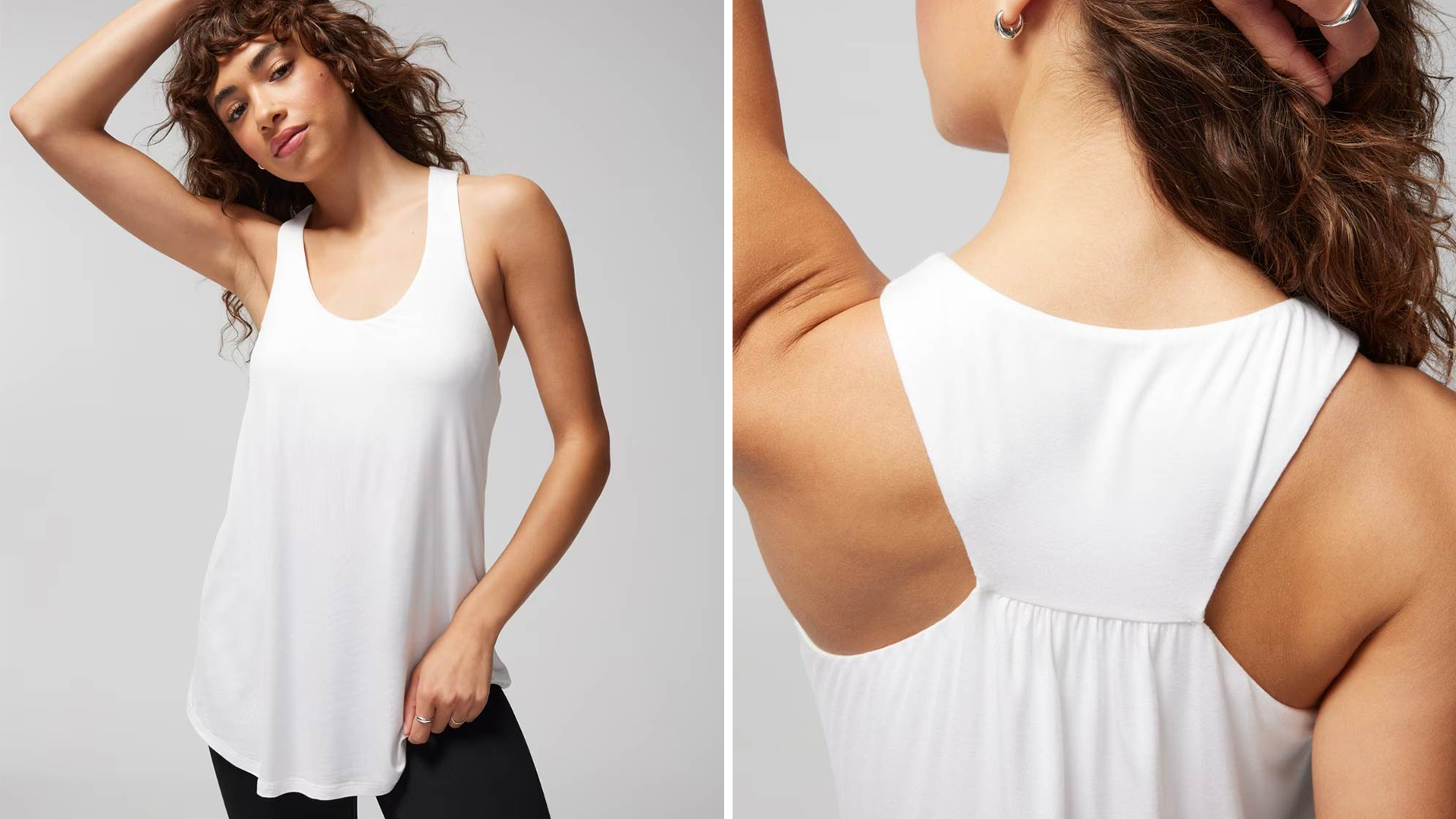 (Left) Soma<sup class=st-superscript>®</sup> women’s model wearing a white tank top and black leggings. (Right) Soma<sup class=st-superscript>®</sup> women’s model showcasing the back of a white racerback tank top.