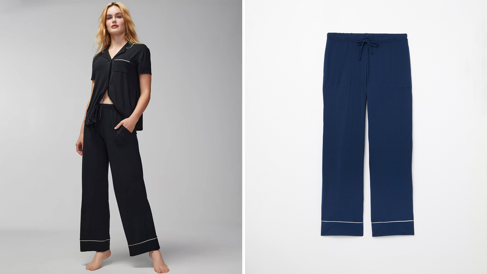 (Left) Soma<sup class=st-superscript>®</sup> women’s model wearing a black short-sleeve pajama top and pajama pants. (Right) Laydown of navy pajama pants.