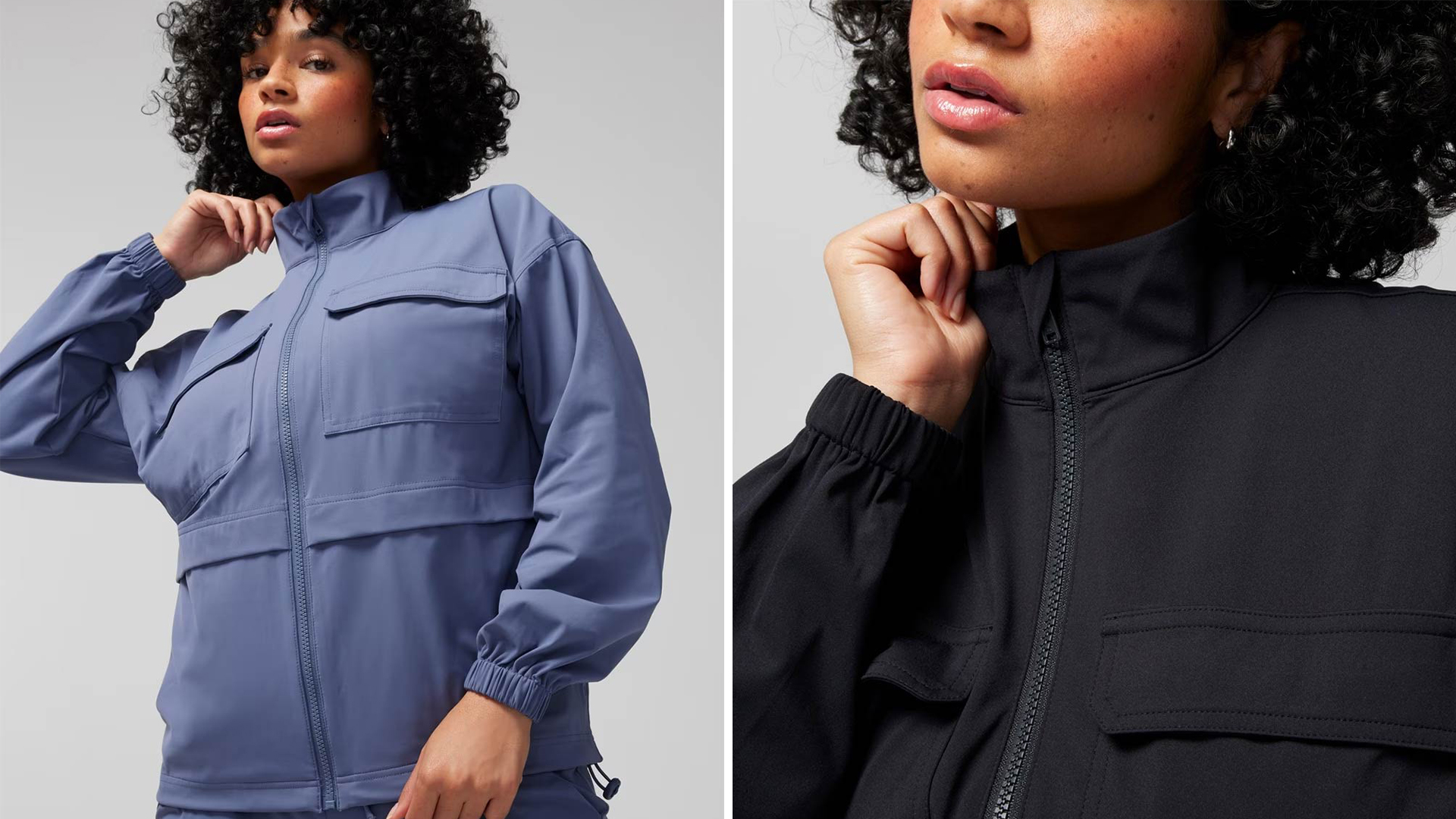 (Left) Soma<sup class=st-superscript>®</sup> women’s model wearing a blue tech knit zip-up jacket. (Right) Soma<sup class=st-superscript>®</sup> women’s model wearing a black tech knit zip-up jacket. 