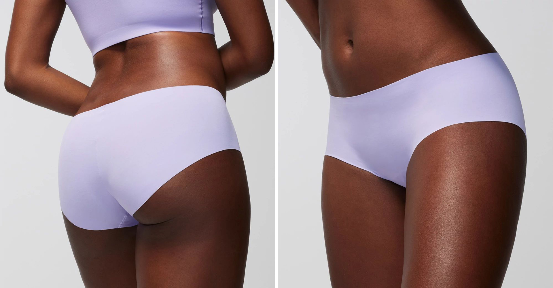  Front and back view of Soma<sup class=st-superscript>®</sup> model wearing light purple no-show hipster panties.