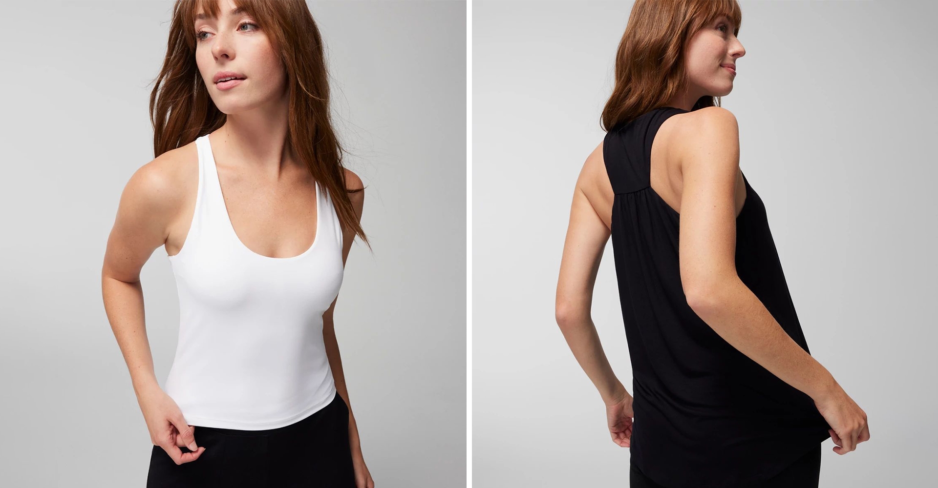 Front image of Soma<sup class=st-superscript>®</sup> model wearing a white tank top. Back image of Soma<sup class=st-superscript>®</sup> model wearing a black racerback tank top.