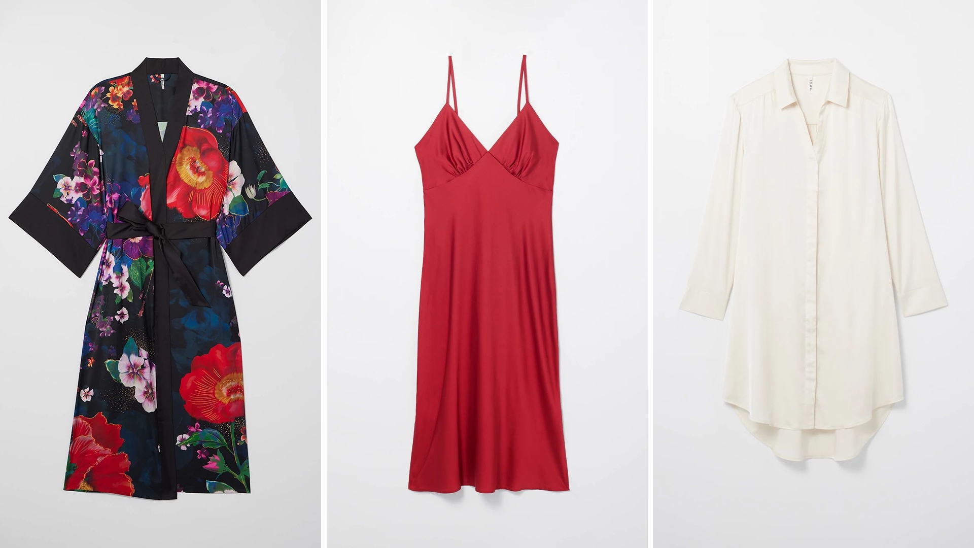 Soma<sup class=st-superscript>®</sup> laydown of satin floral robe, red satin midi gown, and ivory satin sleep shirt.