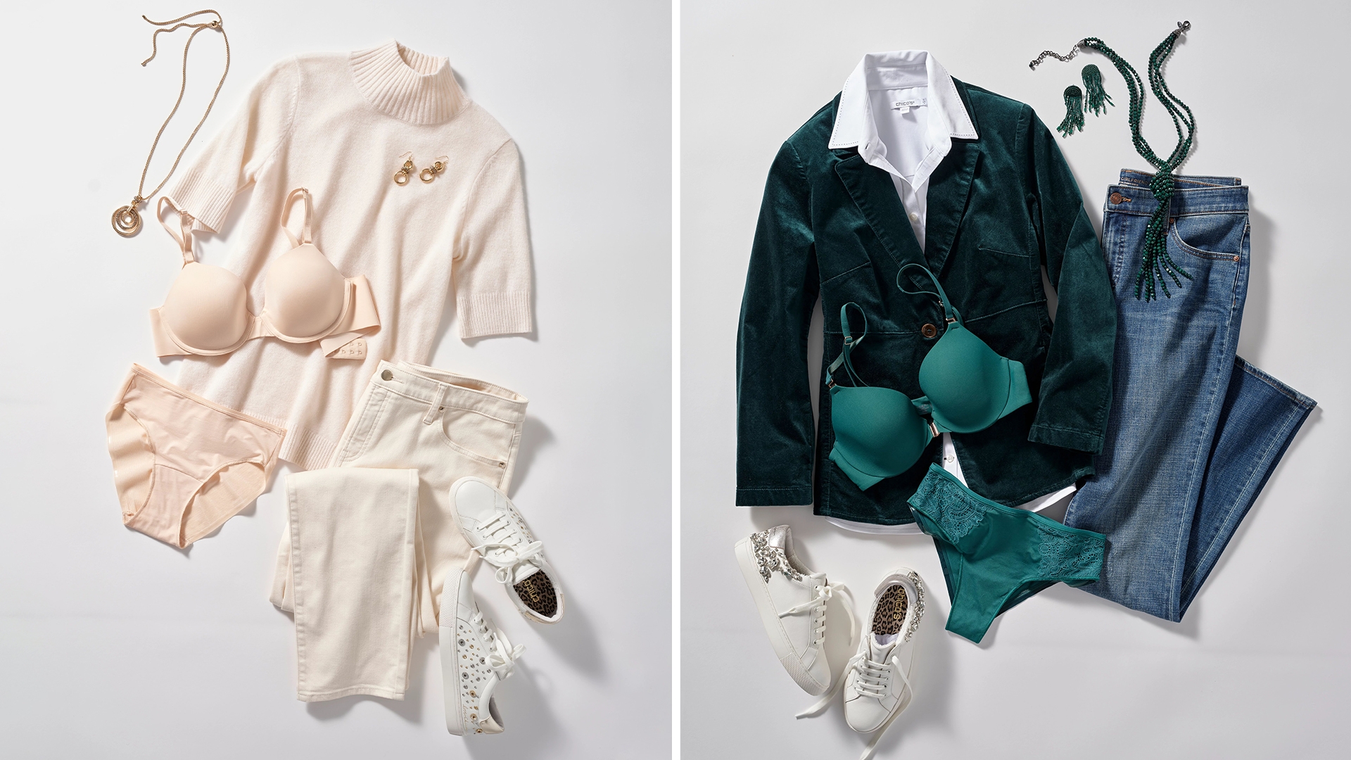 Laydown of nude and green bra and panties, off-white and blue jeans, off-white sweater and white blouse, green blazer, white sneakers, and gold and green jewelry. 