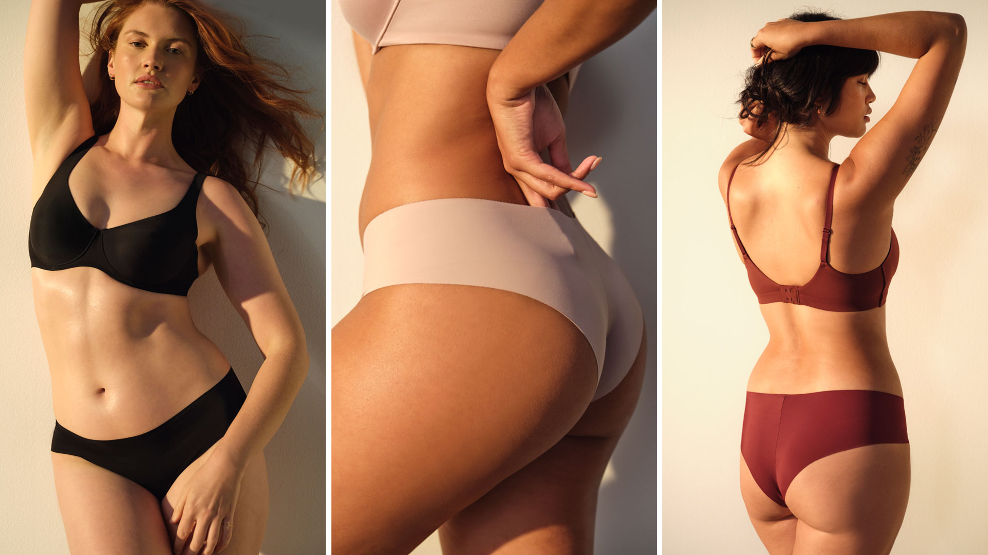 Soma<sup class=st-superscript>®</sup> models wearing bra and panties in black (left), nude (center), and burgundy (right).